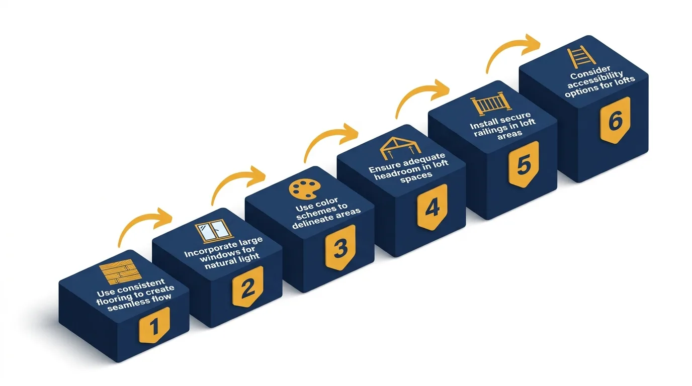 Infographic: Steps to design functional tiny house floor plans with icons, numbered badges, and flow arrows.