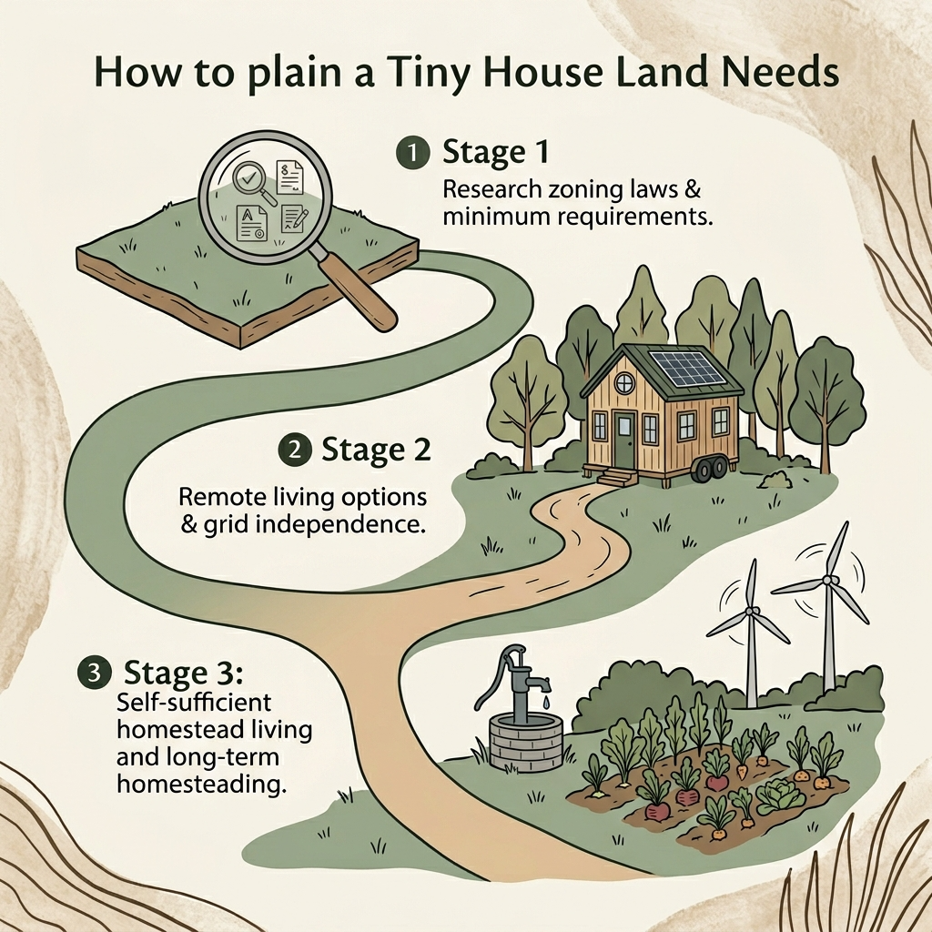 Infographic: Steps to determine how much land is needed for a tiny house, including zoning laws, regulations, and off-grid considerations.