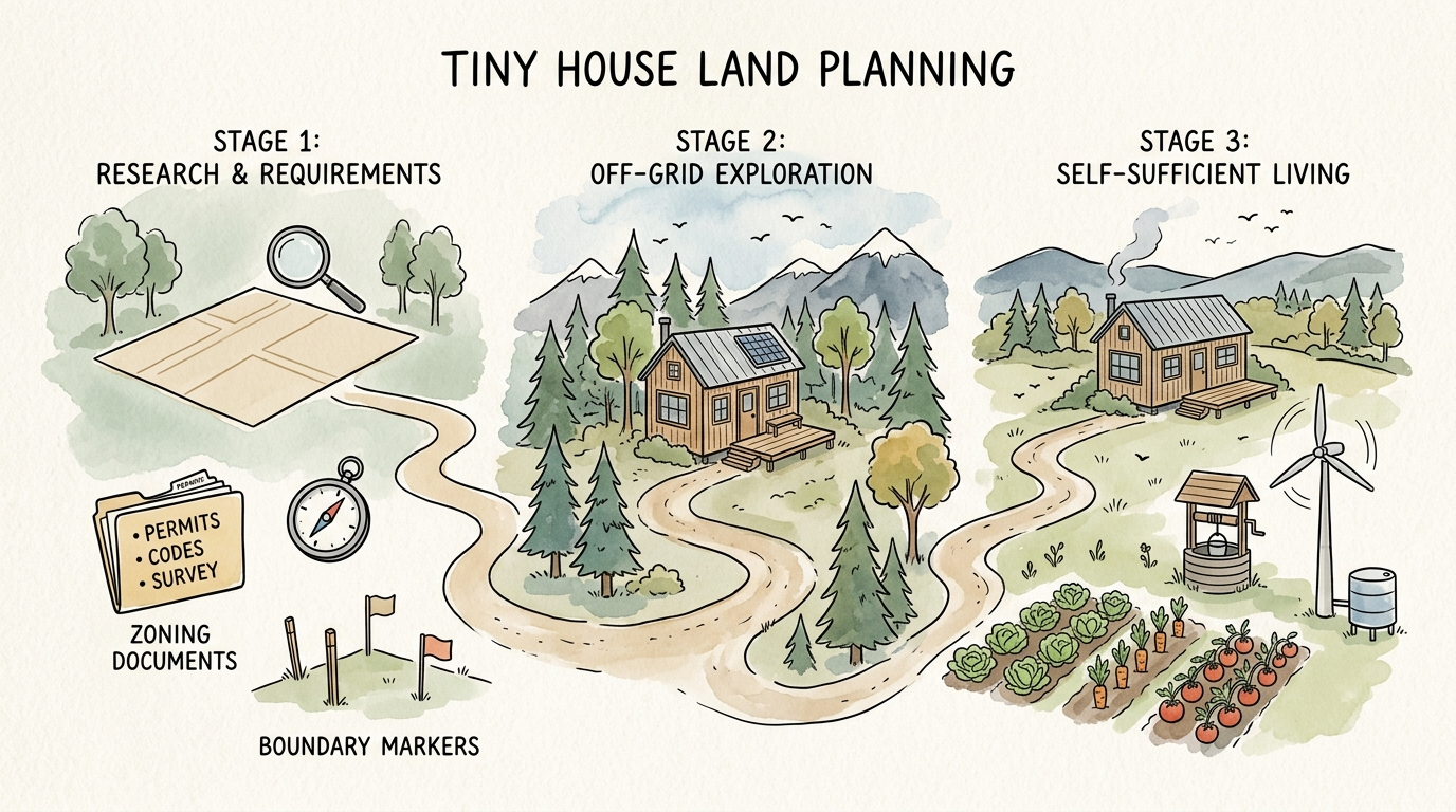 Infographic: Steps to determine how much land is needed for a tiny house, including zoning laws, regulations, and self-sufficiency considerations.