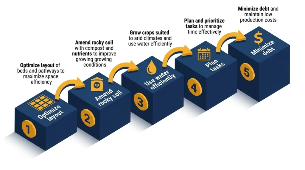 Infographic: Steps to farm one acre efficiently with icons and numbered platforms.