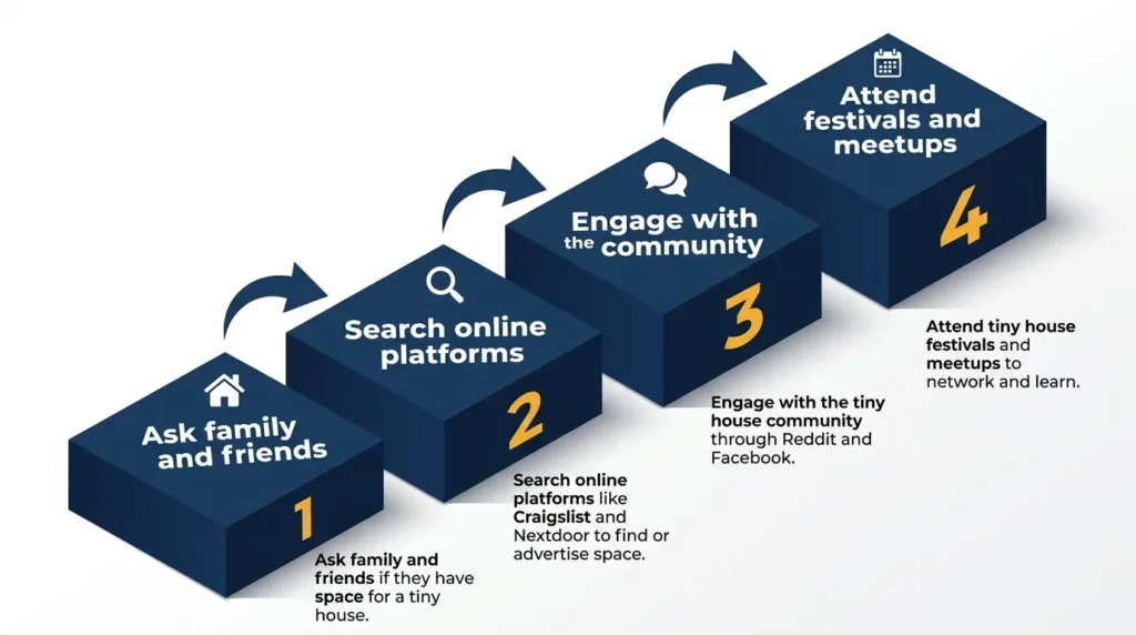 Infographic: Steps to find land for tiny homes with icons and flow arrows.
