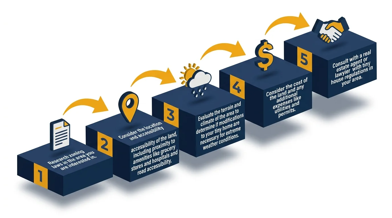 Infographic: Steps to find tiny house-friendly land with icons and numbered platforms.