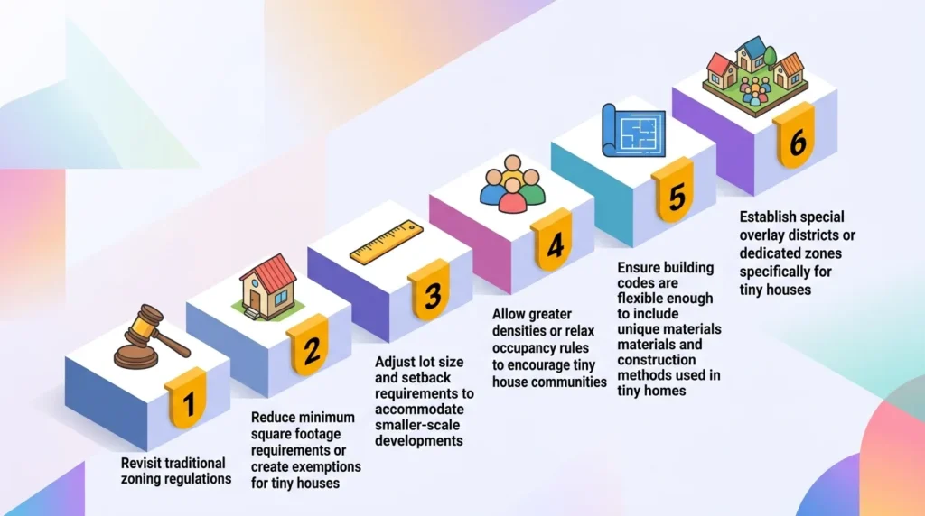 Infographic: Steps to improve zoning laws for affordable housing with icons and flow arrows