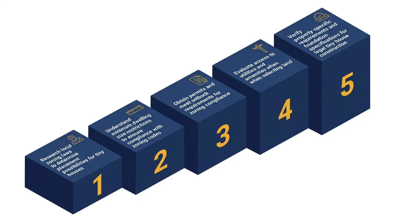 Infographic: Steps to legally own land for a tiny house, with icons and numbered platforms.