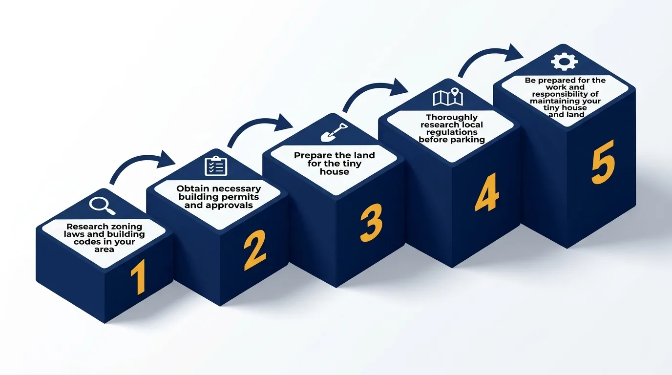 Infographic: Steps to legally park a tiny house with icons and numbered platforms.