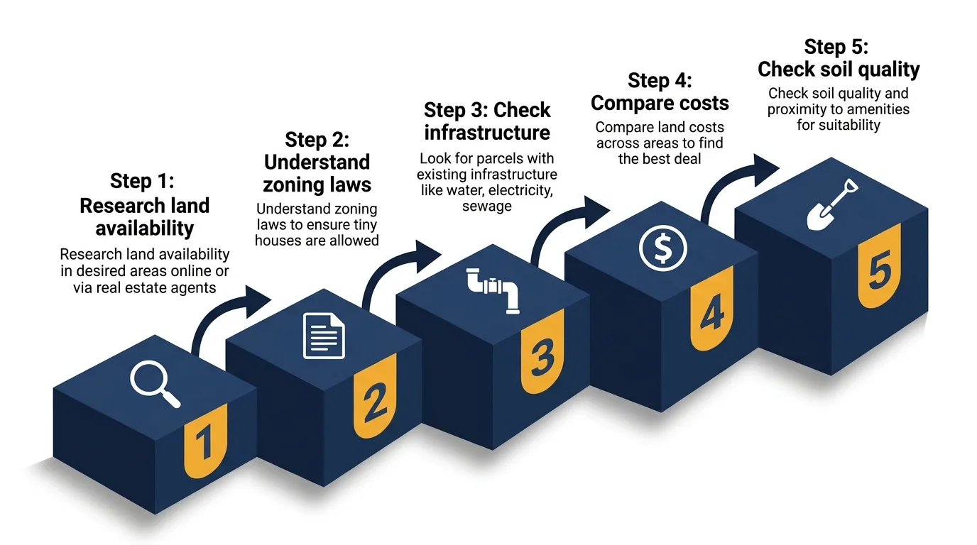 Infographic: Steps to locate land for a tiny house with icons and numbered platforms.