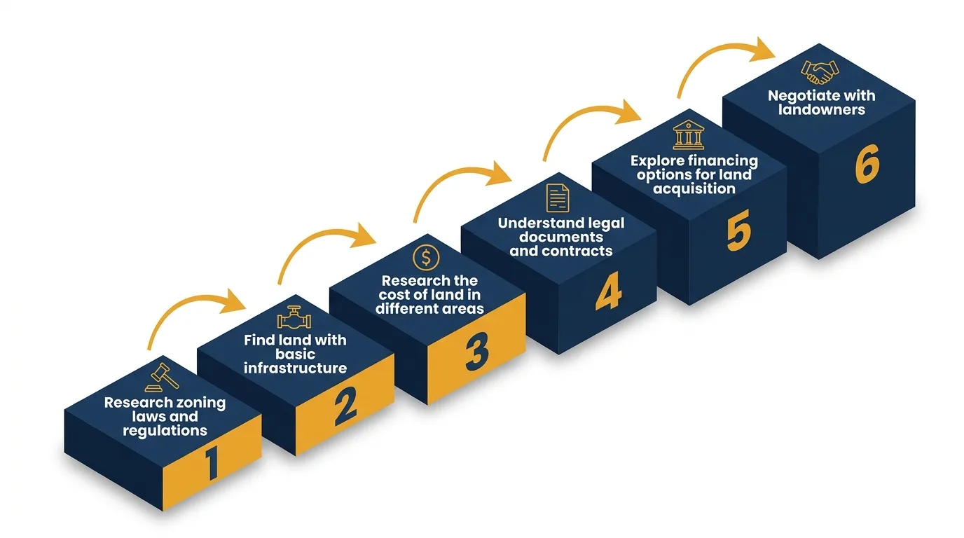 Infographic: Steps to locate the best land for your tiny house with icons and flow arrows.