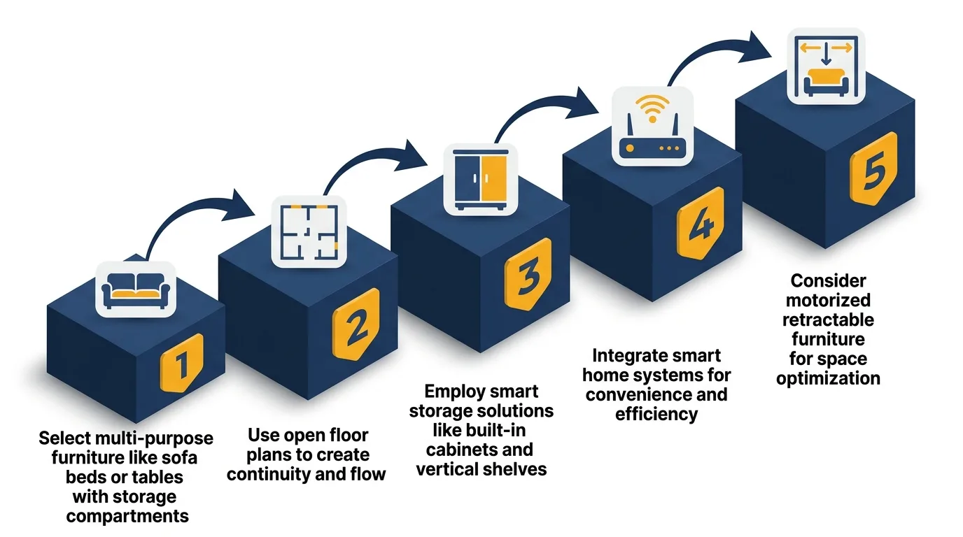 Infographic: Steps to maximize space in modern tiny houses with furniture, layout, storage, and technology tips