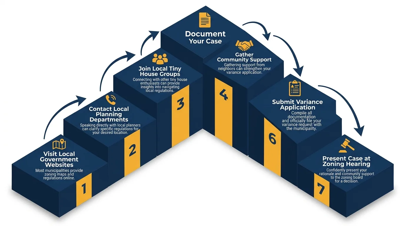Infographic: Steps to navigate zoning laws for tiny houses with icons and numbered platforms.