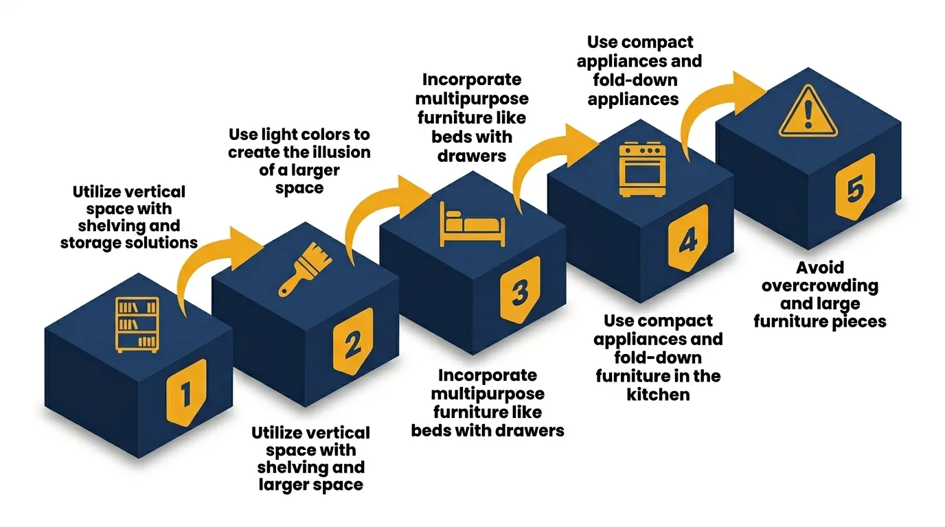 Infographic: Steps to optimize tiny house interior design with icons and numbered platforms.