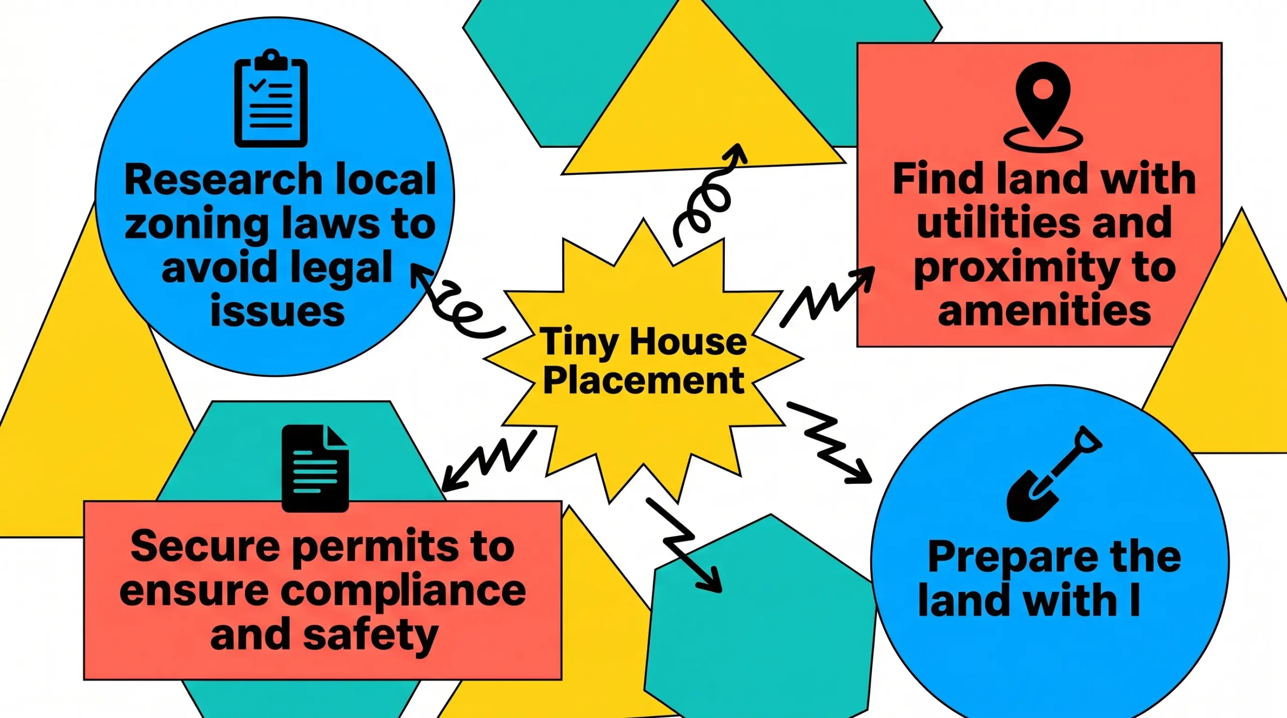 Infographic: Steps to place a tiny house on land with icons and colorful zones.