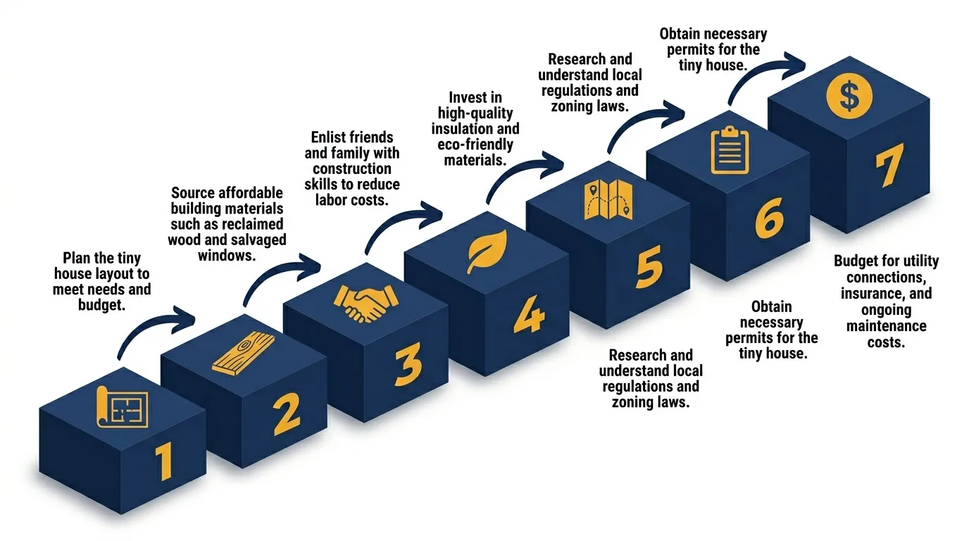 Infographic: Steps to plan and build a custom tiny house with cost-saving tips.