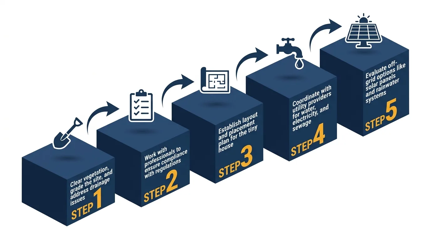 Infographic: Steps to prepare land for a tiny house, including site clearing, layout planning, and utility installation.