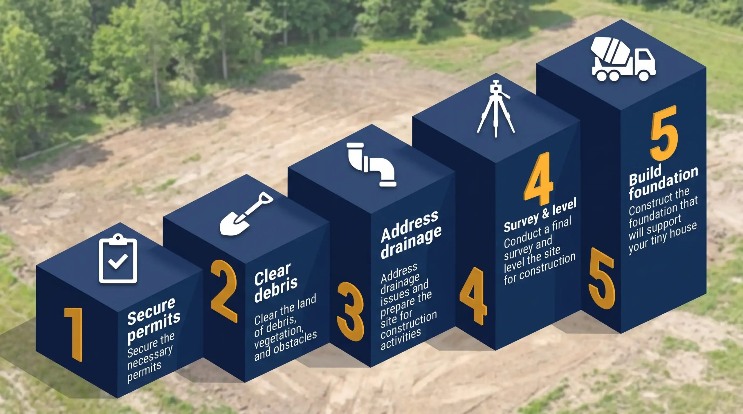 Infographic: Steps to prepare land for a tiny house with icons, arrows, and numbered badges.