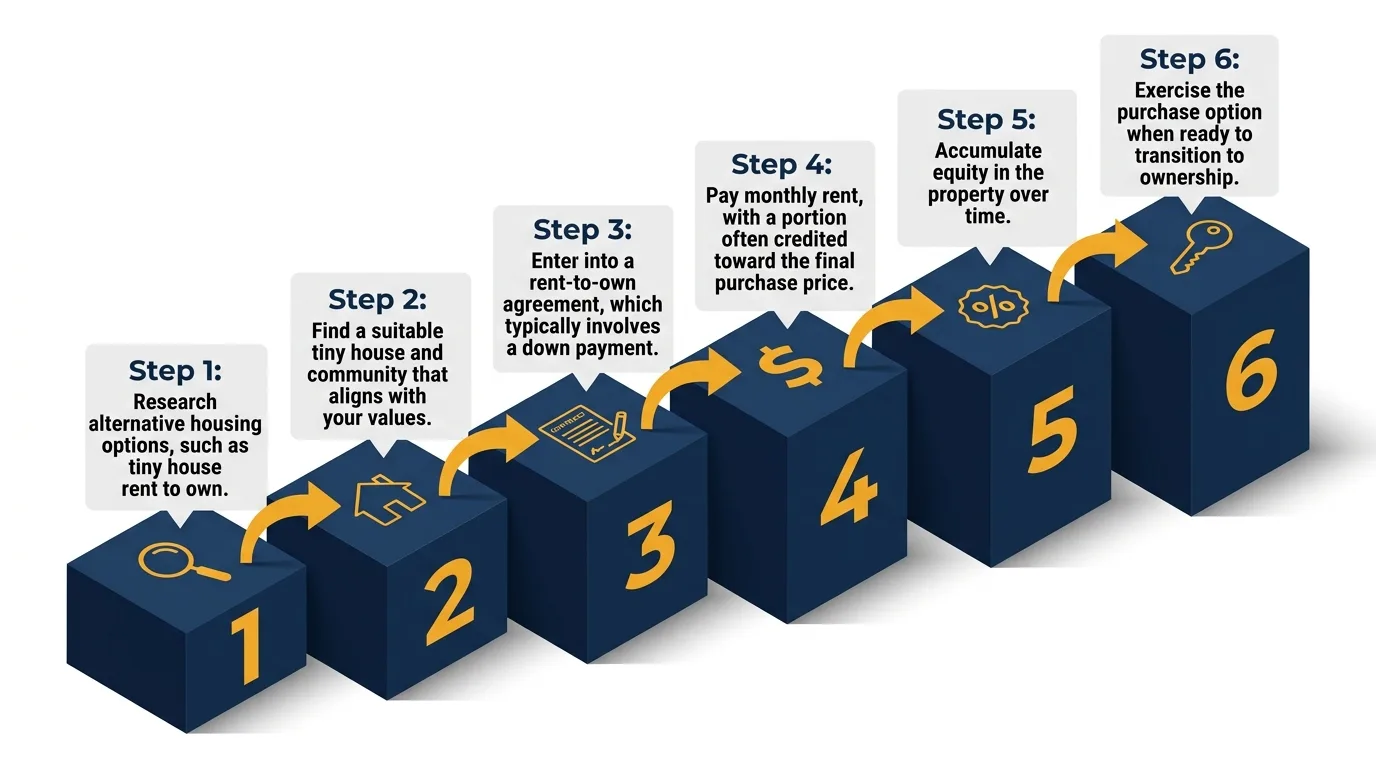 Infographic: Steps to rent-to-own a tiny house with icons and flow arrows.
