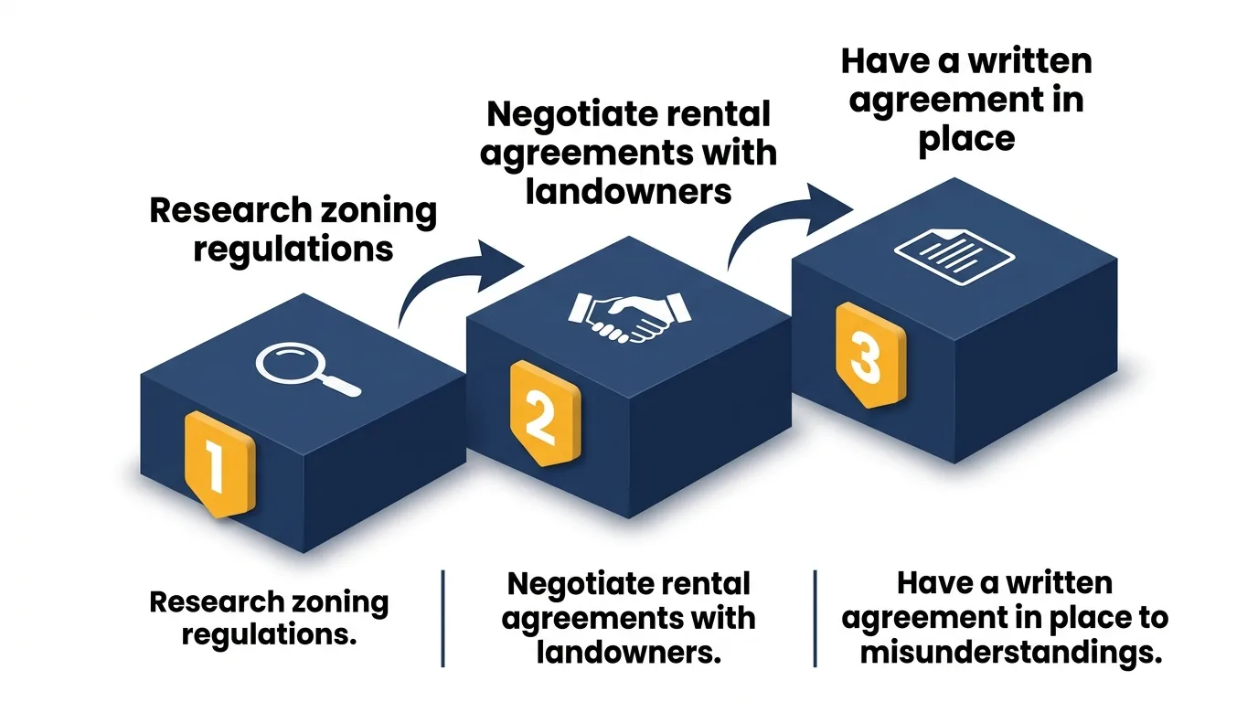 Infographic: Steps to rent land for tiny houses with icons and flow arrows.