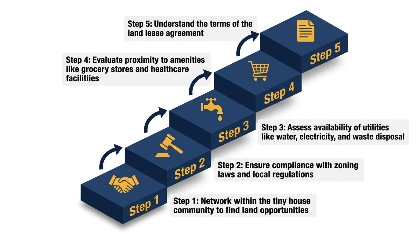 Infographic: Steps to rent land for tiny houses with icons and numbered platforms.