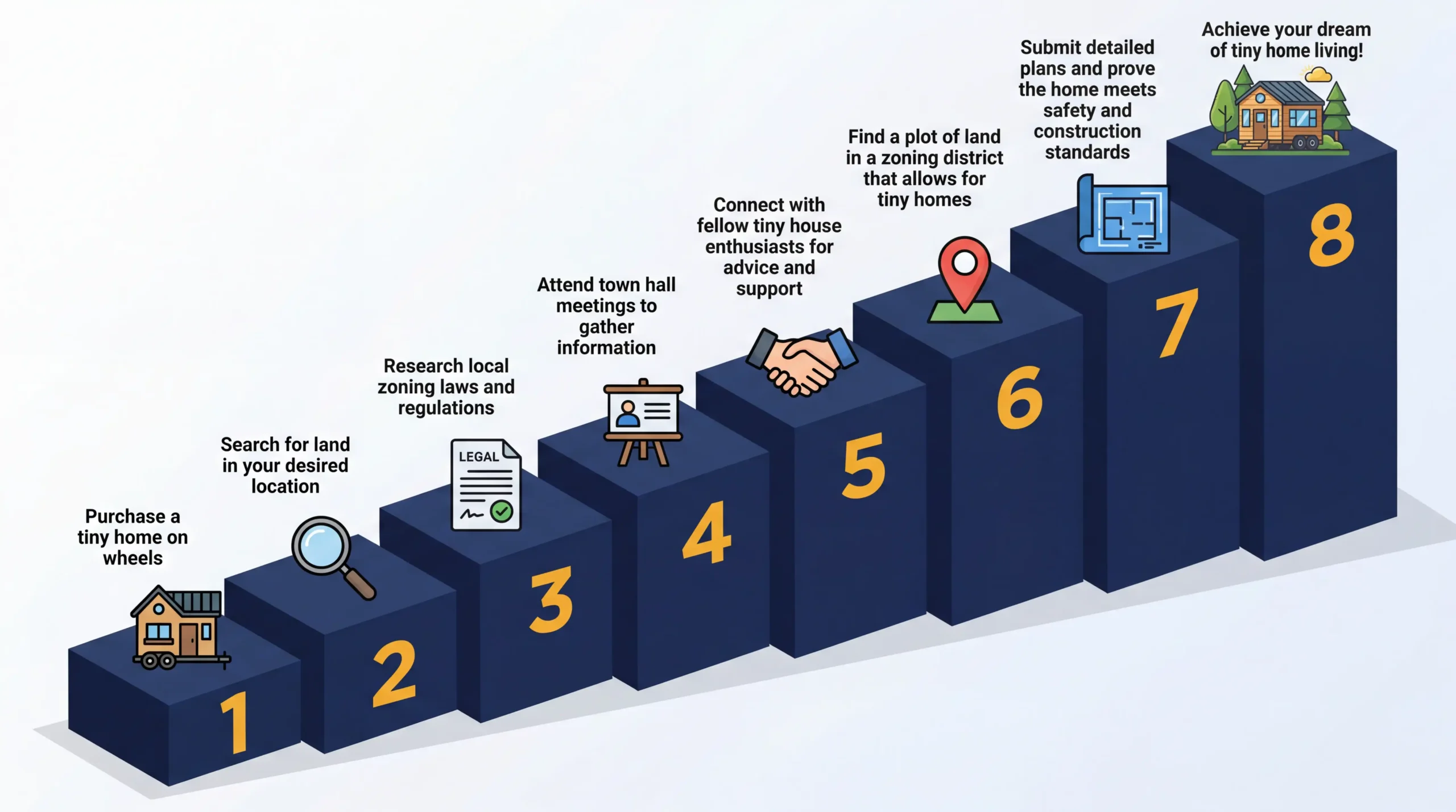 Infographic: Steps to secure land for a tiny house, visually mapped in 3D platforms.