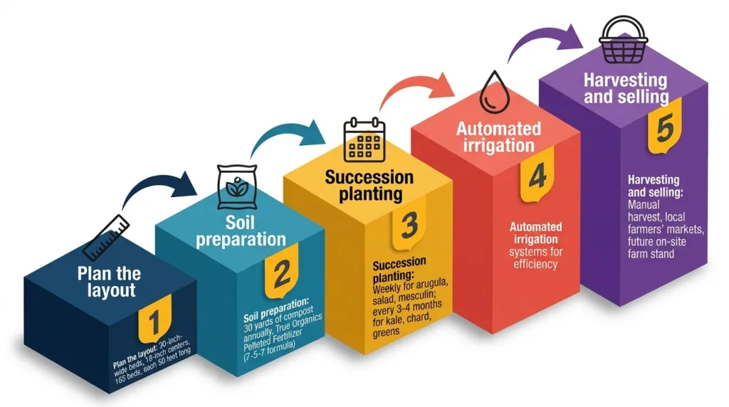 Infographic: Steps to succeed in one-acre market gardening with layout, soil prep, planting, irrigation, and sales.