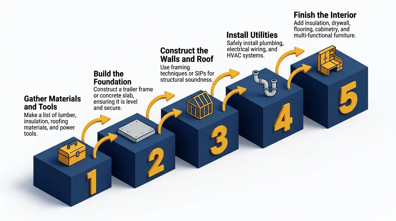 Infographic: Tiny house building steps with icons and numbered platforms.
