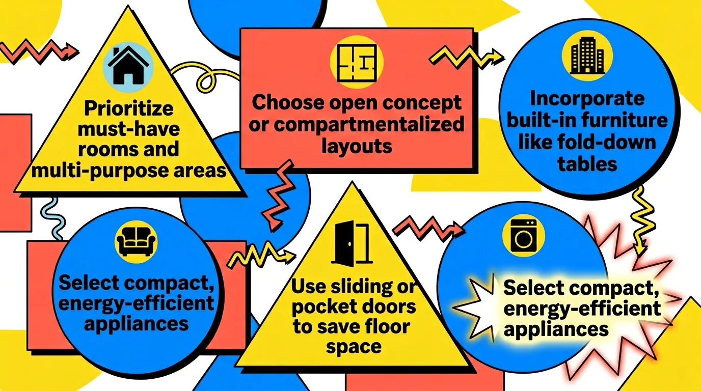 Infographic: Tiny house floor plan tips with icons and colorful geometric shapes.