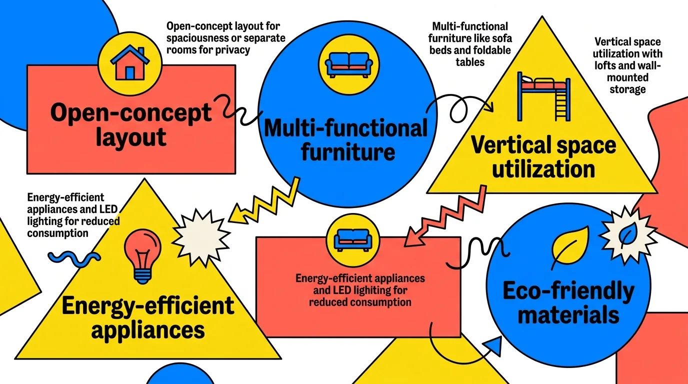 Infographic: Tiny house interior benefits with icons and vibrant geometric design