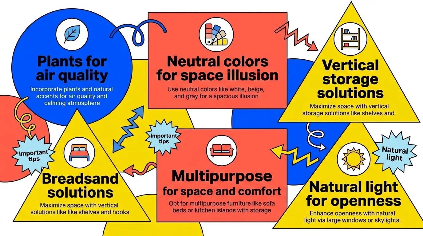 Infographic: Tiny house interior design tips with icons and geometric shapes