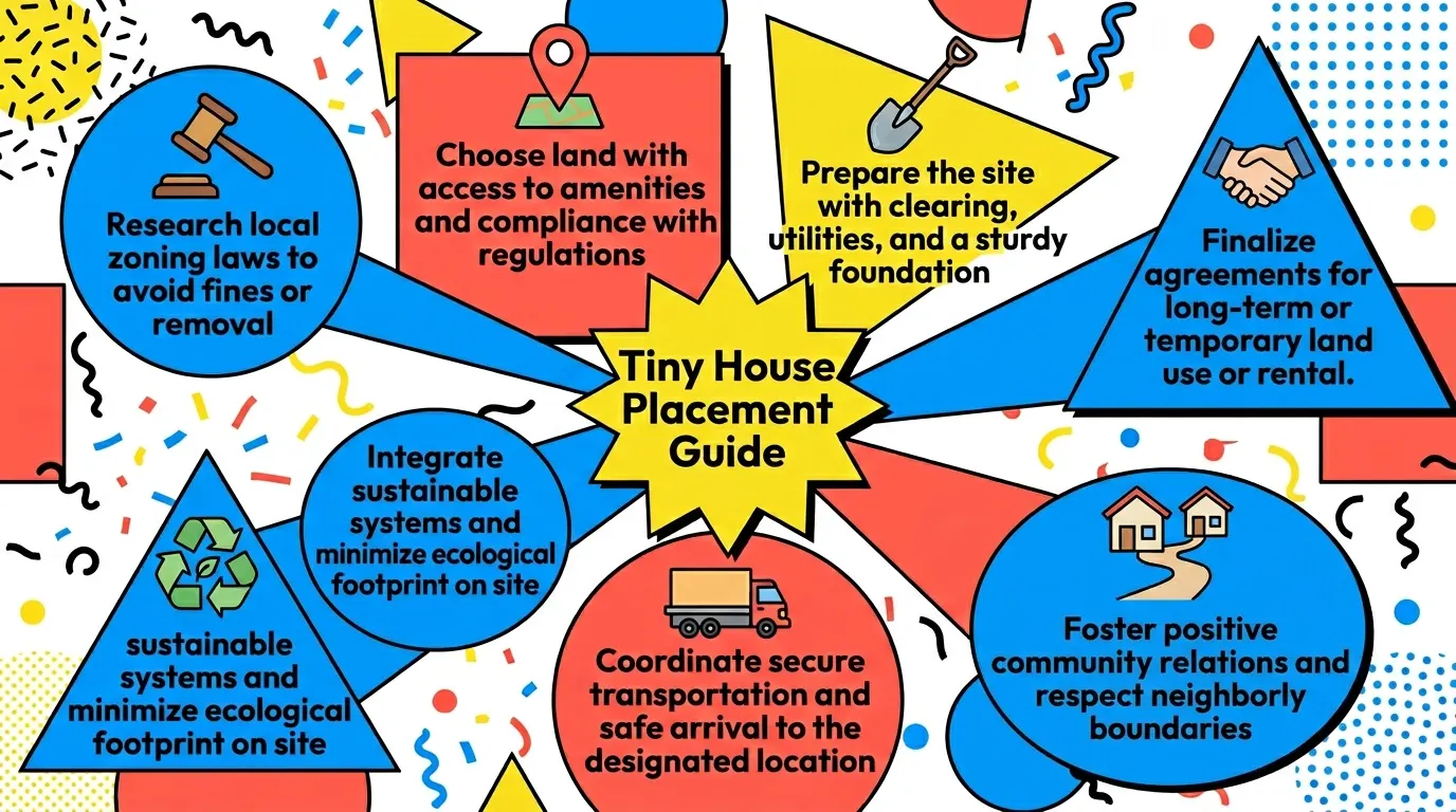 Infographic: Tiny house placement guide overview with icons and benefits.