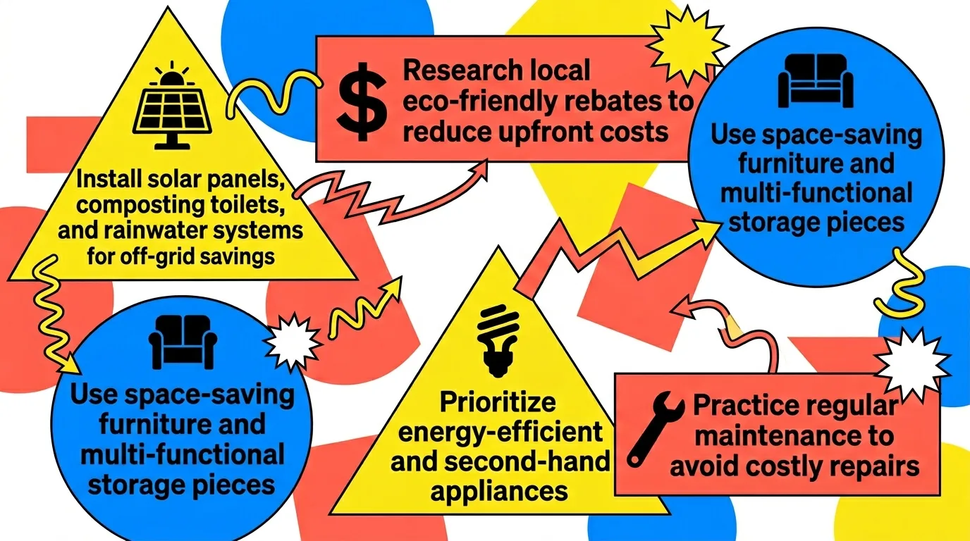 Infographic: Tips to reduce tiny house costs with eco-friendly systems, smart furniture, and maintenance strategies.