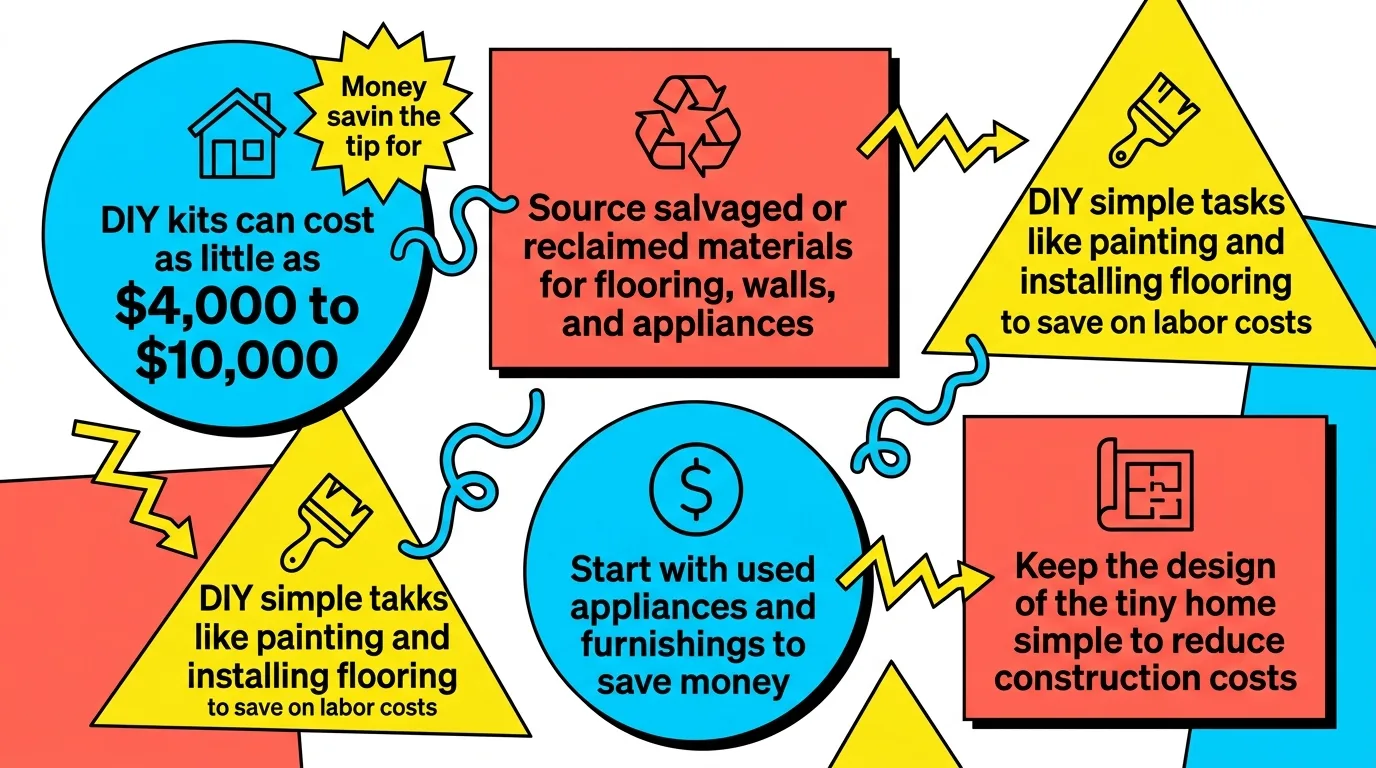 Infographic: Tips to save money on tiny homes using DIY kits, reclaimed materials, and simple designs.