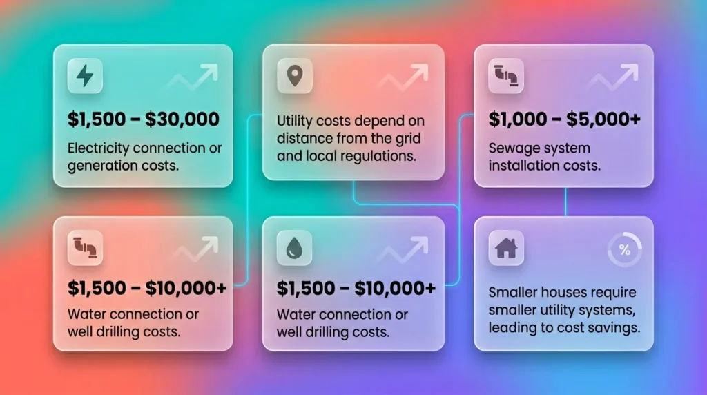 Infographic: Utility costs for tiny home land with frosted glass panels and icons.