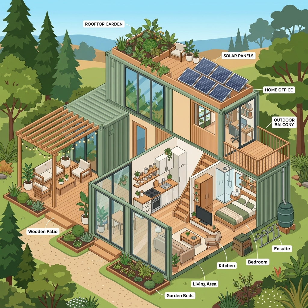 Infographic: Visual representation of maximizing space in shipping container homes with modern, sustainable design elements.