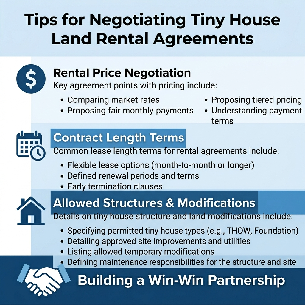 Infographic with tips for negotiating tiny house land rental agreements, including price and contract terms.