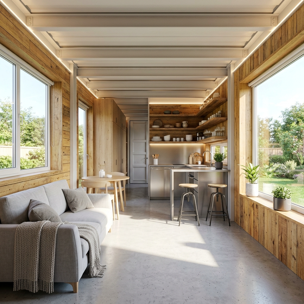 Interior of a finished shipping container home with compact furniture, natural light, and eco-friendly materials.