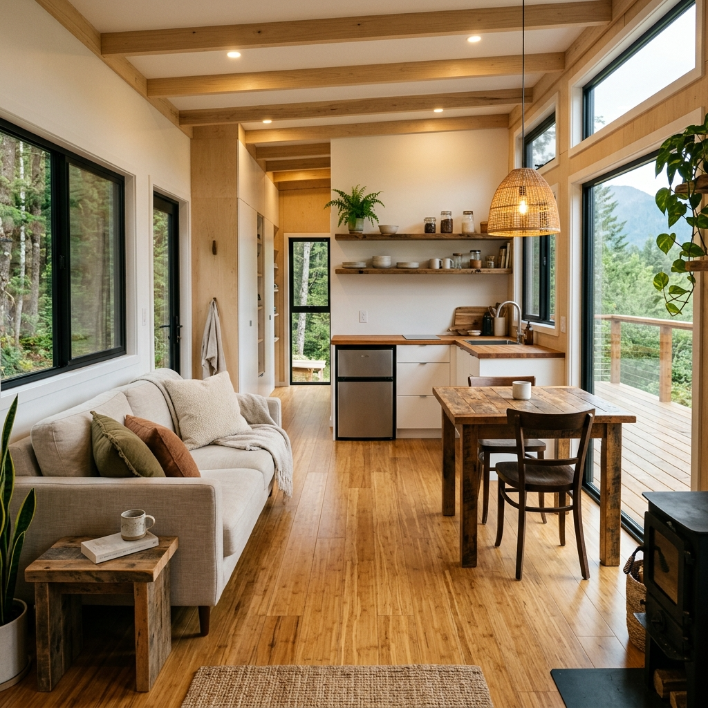 Interior of a modular prefab tiny house with sustainable materials and minimalist design.