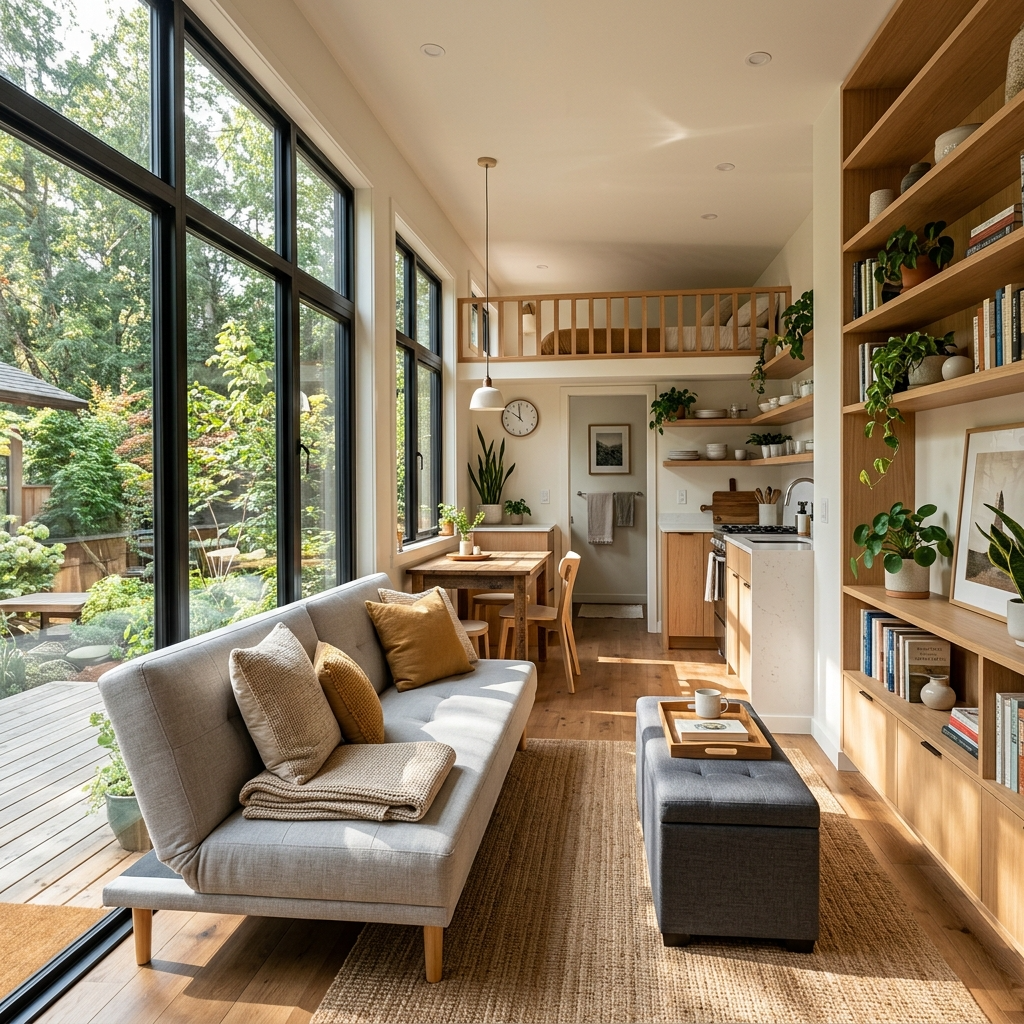 Interior of a two-bedroom tiny house with open floor plan, multi-functional furniture, and natural light.