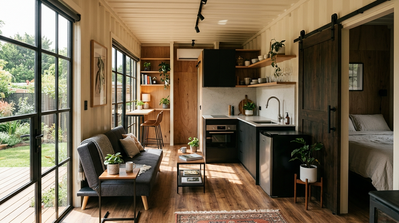 Interior of The Helm 640 container home with multifunctional furniture and sliding door for space efficiency.