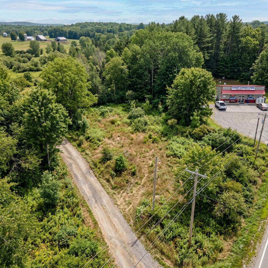Land plot with dirt road access, nearby amenities, and utility poles for accessibility.