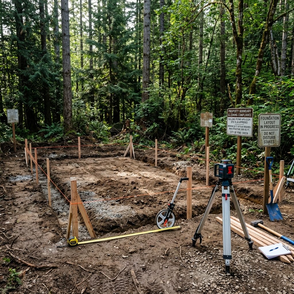 Land with tiny house foundation marked out, surrounded by tools and zoning compliance signs.