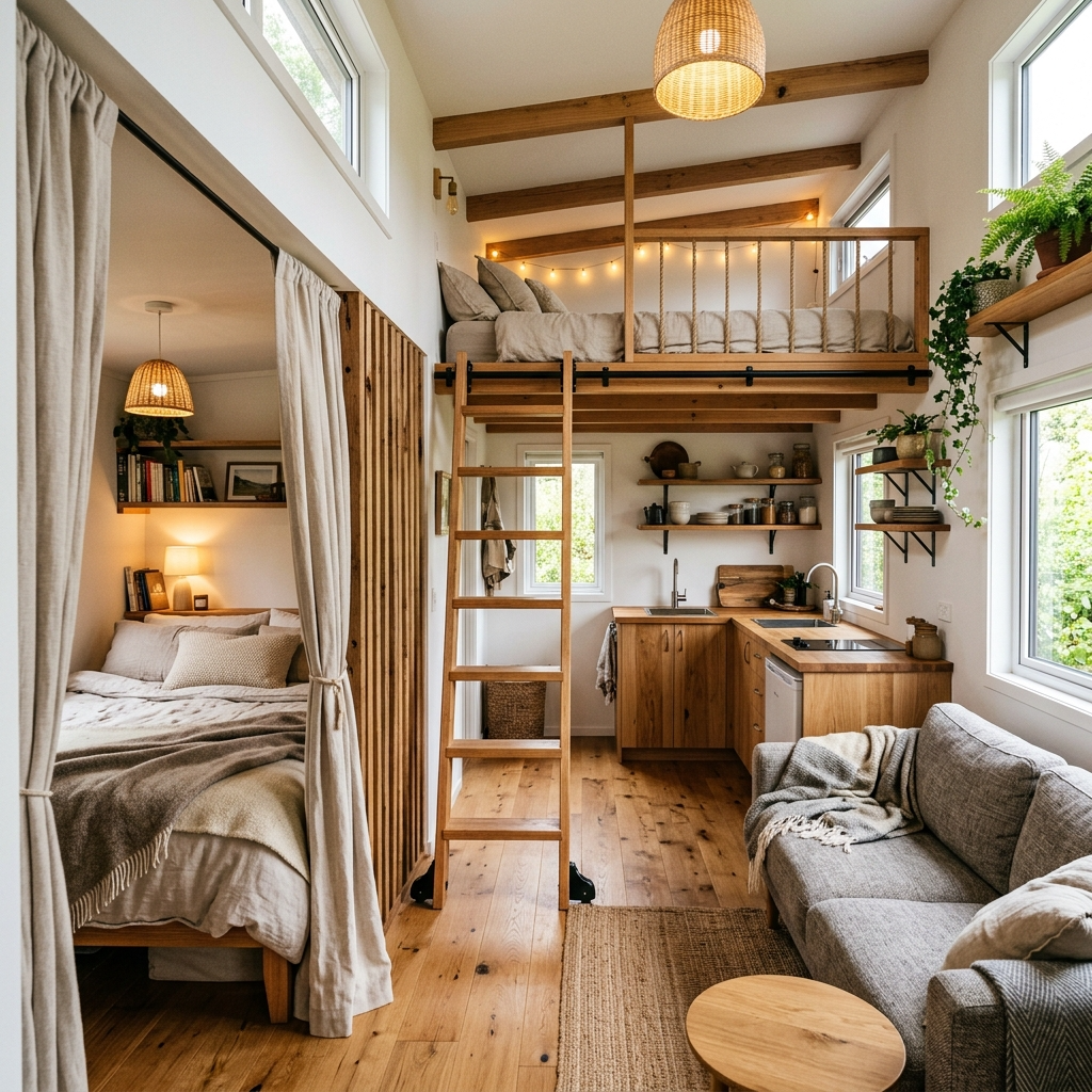Layout of a two-bedroom tiny house with a ground floor bedroom, loft bedroom, and cozy living space.