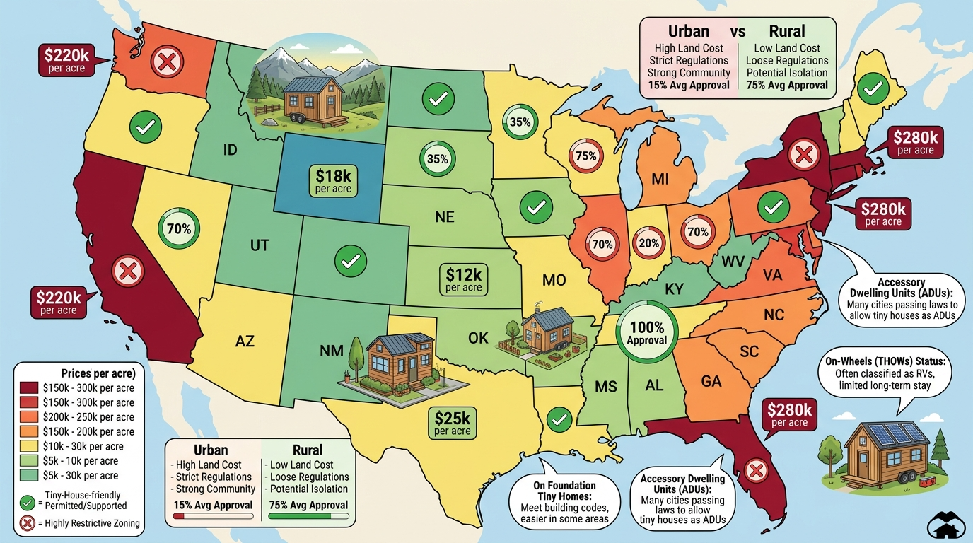 Map showing land cost and zoning differences for tiny houses.
