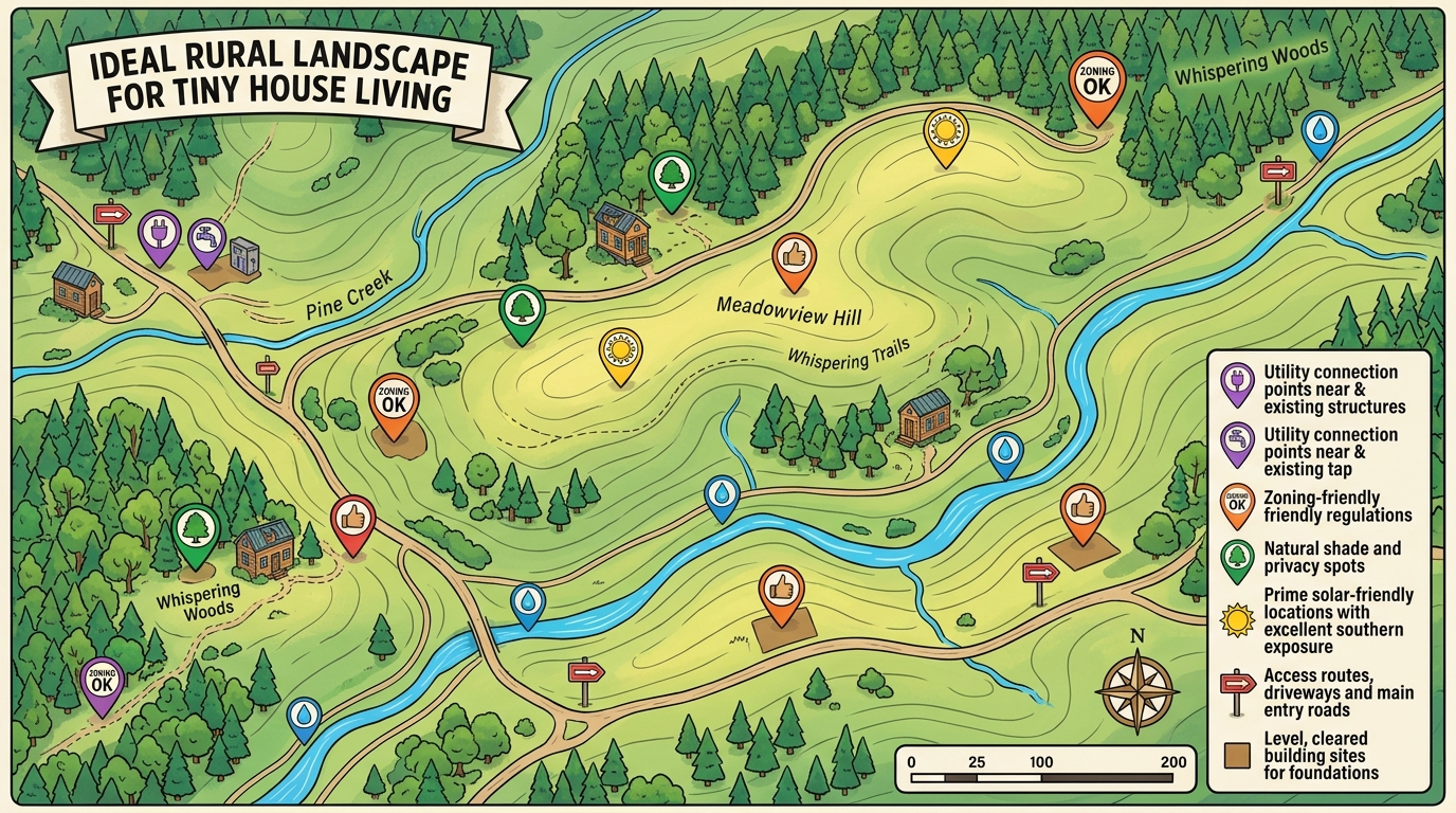 Map with markers showing zoning-friendly areas and utilities for tiny house land.