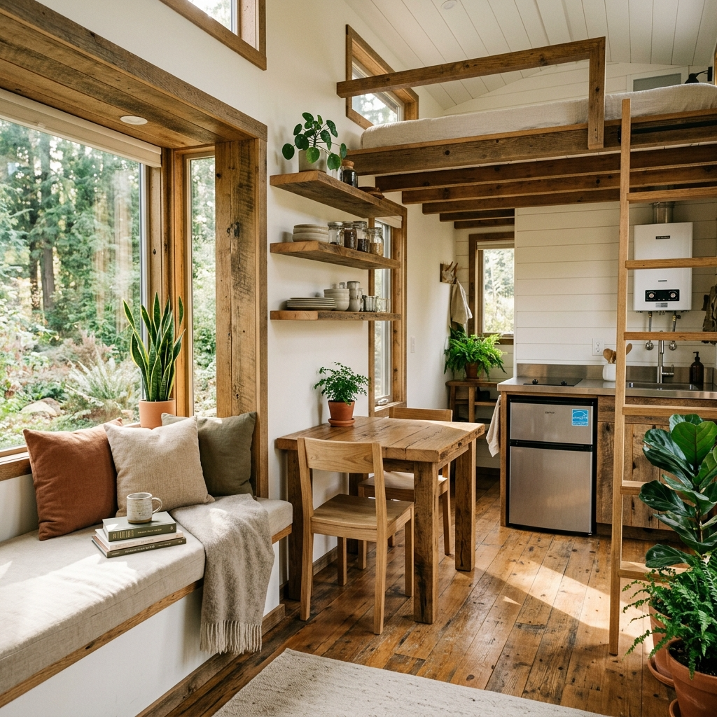 Minimalist tiny house interior with energy-efficient appliances and salvaged wood furniture, promoting sustainability.