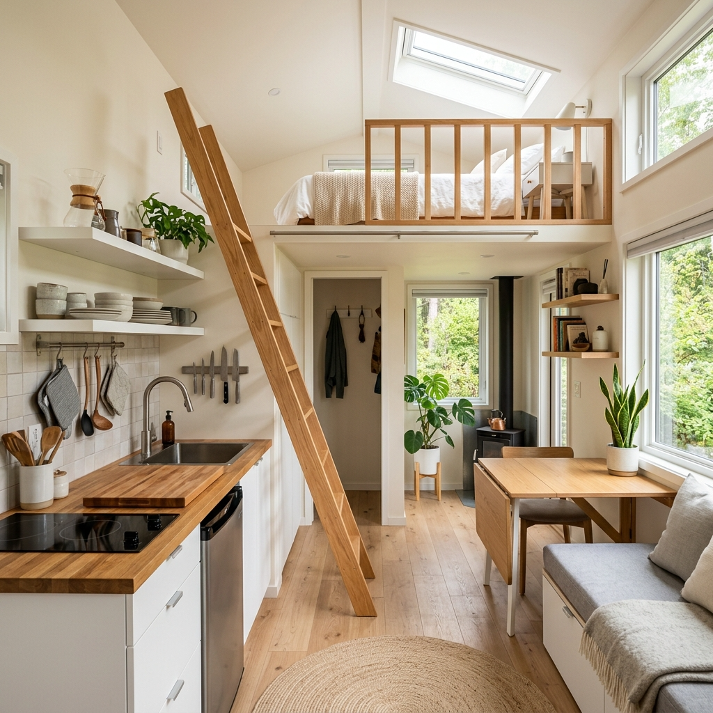 Minimalist tiny house interior with lofted bed, compact kitchen, and foldable furniture.