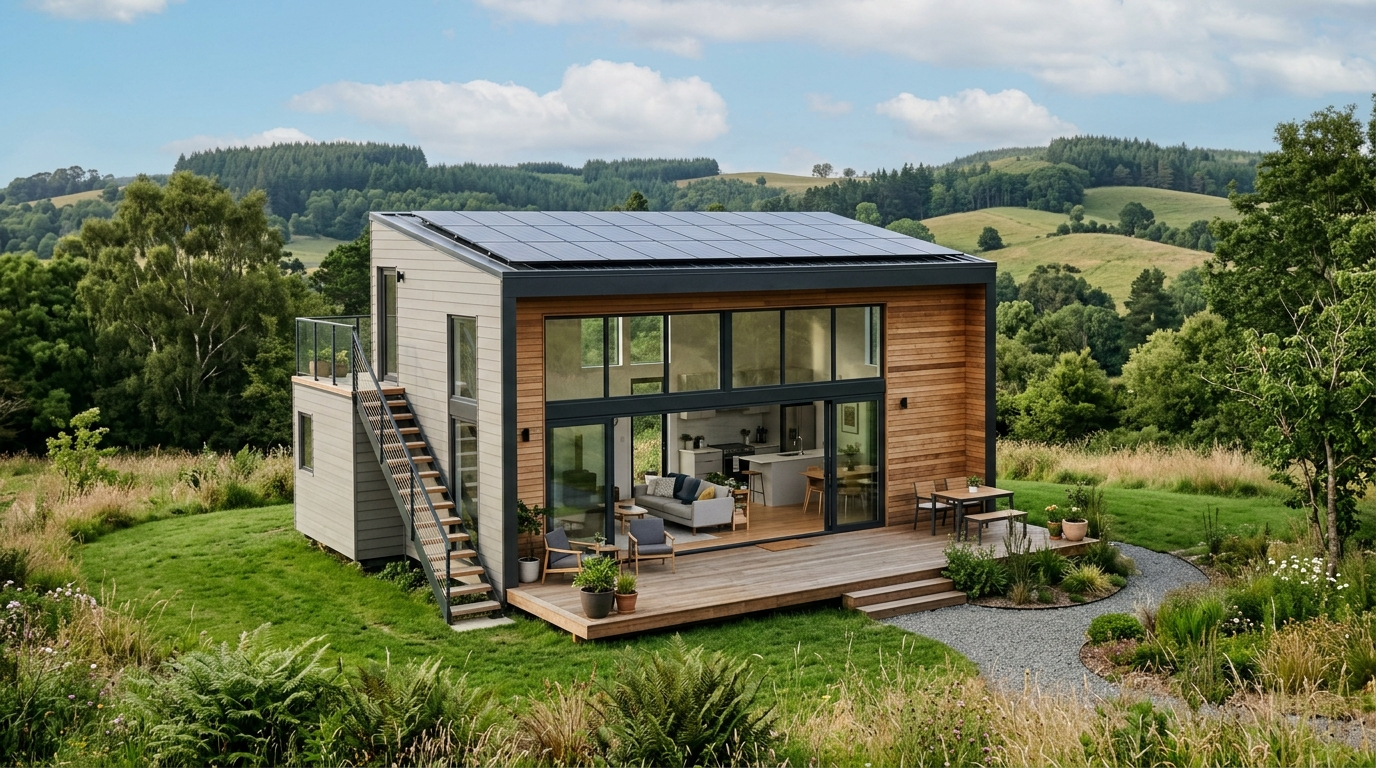 Modern two-bedroom tiny house with flat roof, large windows, and solar panels in a natural setting.