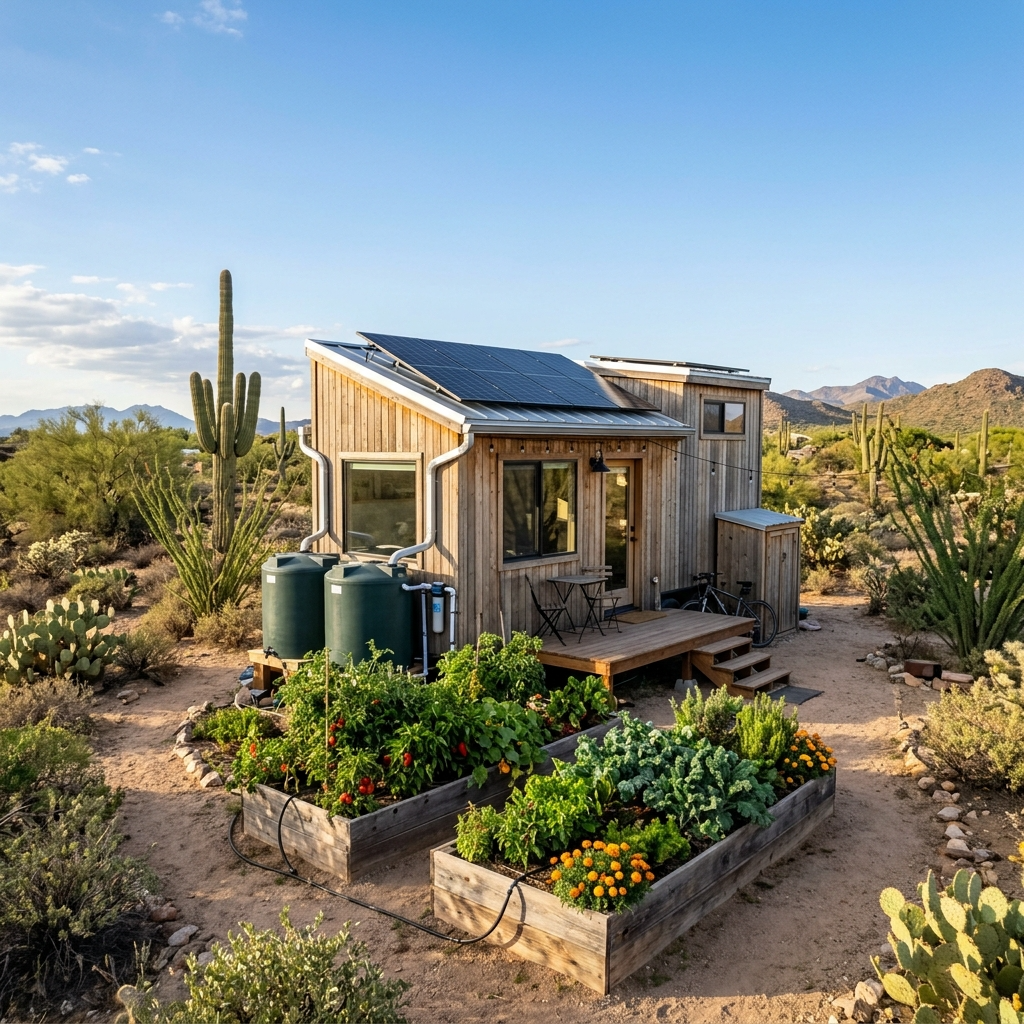 Off-grid tiny house in Arizona desert with solar panels and rainwater harvesting system.