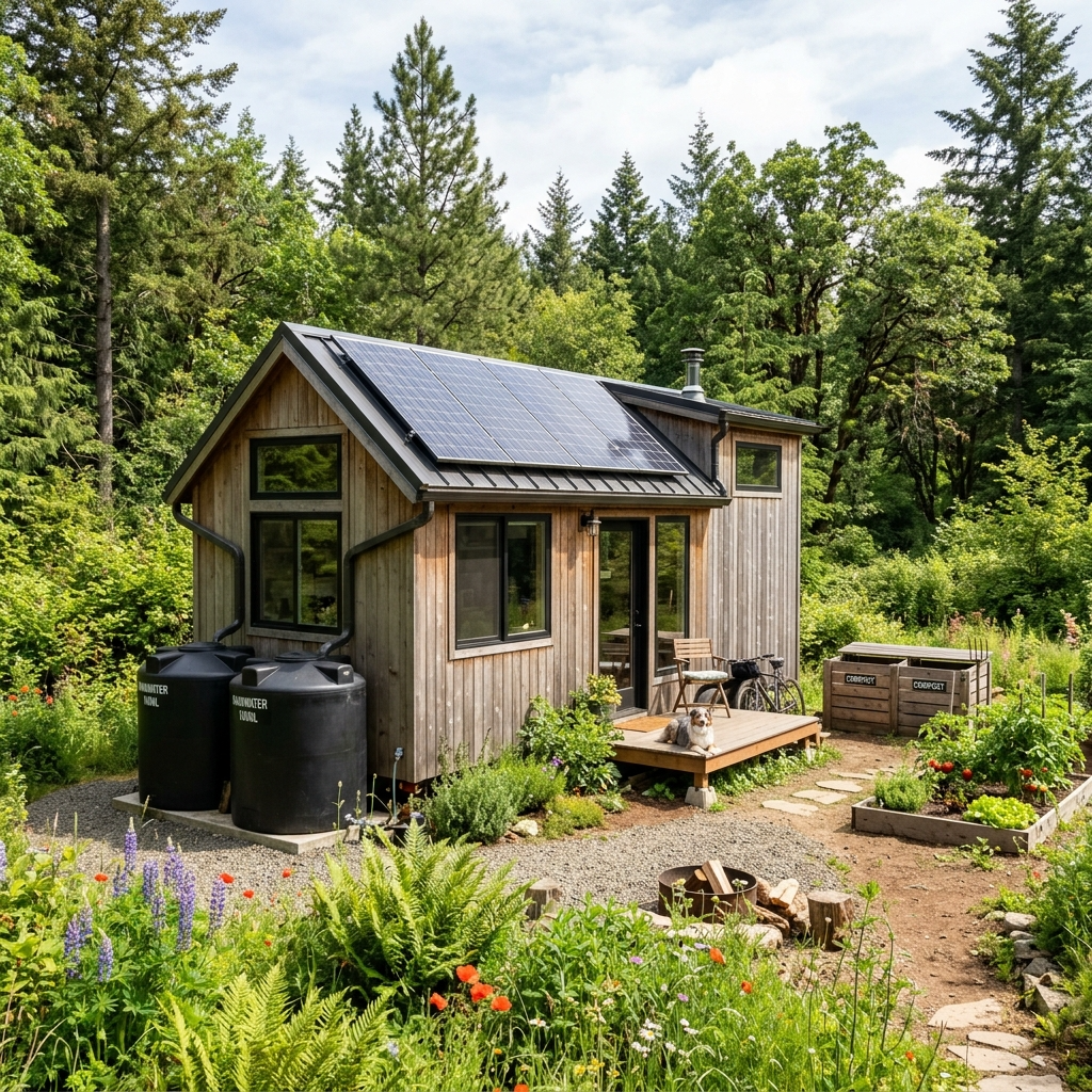 Off-grid tiny house with solar panels, rainwater collection, and composting bins in a green setting.