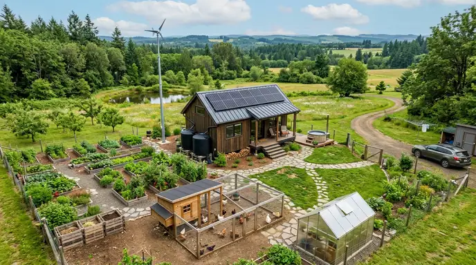 Off-grid tiny house with solar panels, wind turbine, rainwater system, and sustainable features.