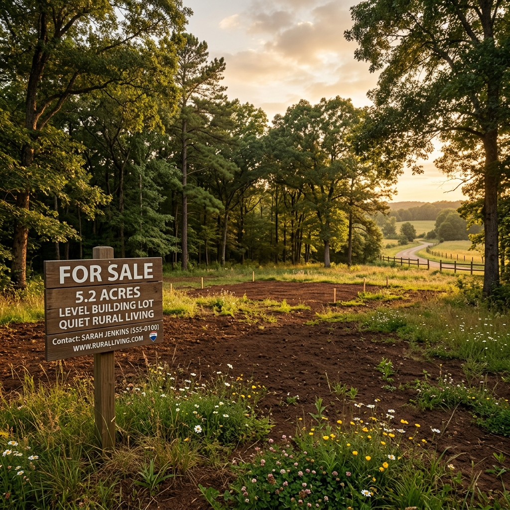Open plot of land with a 'For Sale' sign, suitable for a tiny house.