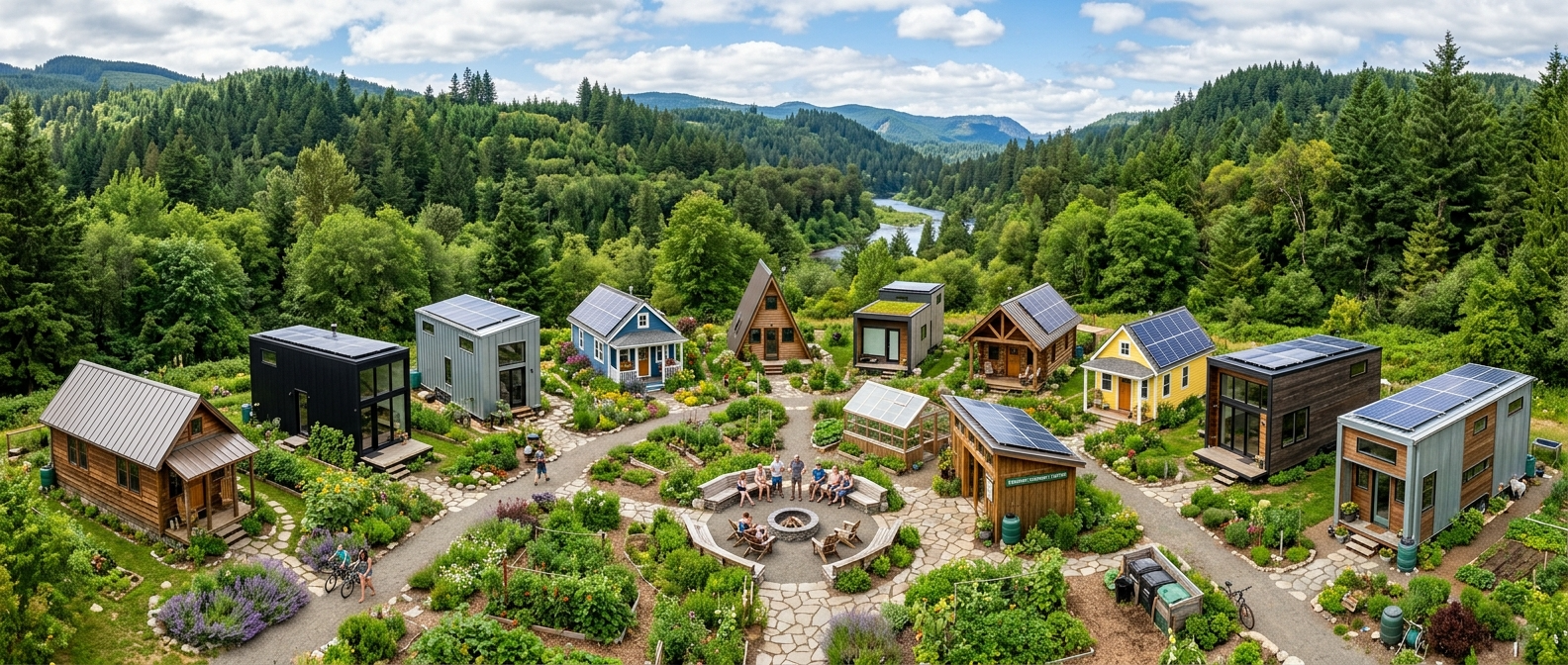 Panoramic view of a tiny house community with gardens and communal space.